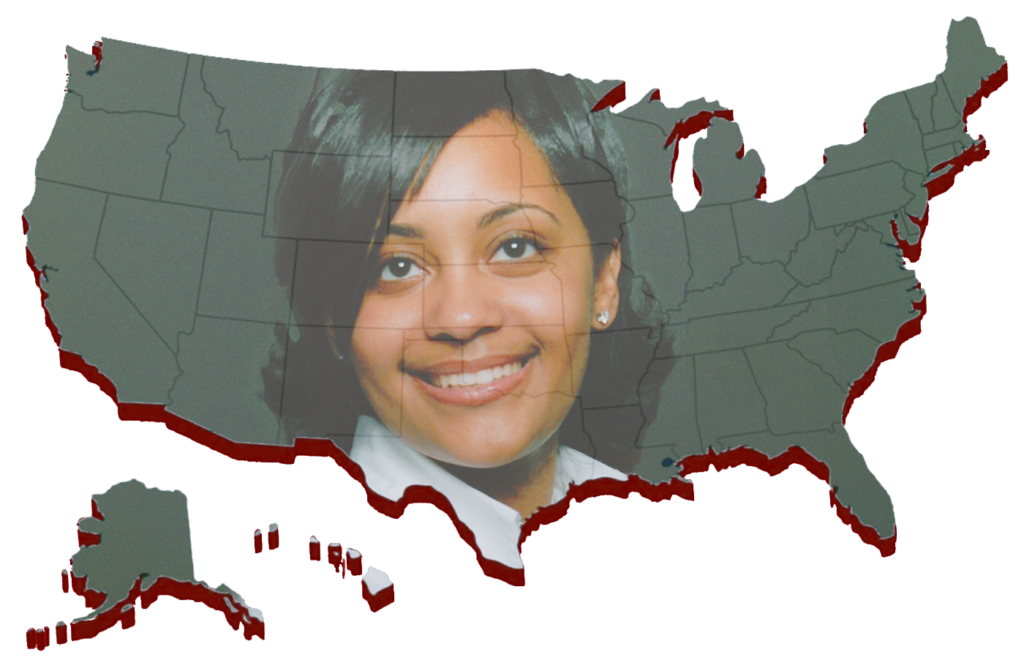 This is a graphic cover of an interactive map with the face of Tamika Hutson in the center. There are pinpoints embedded which allow you to view videos and graphics about other missing persons cases.